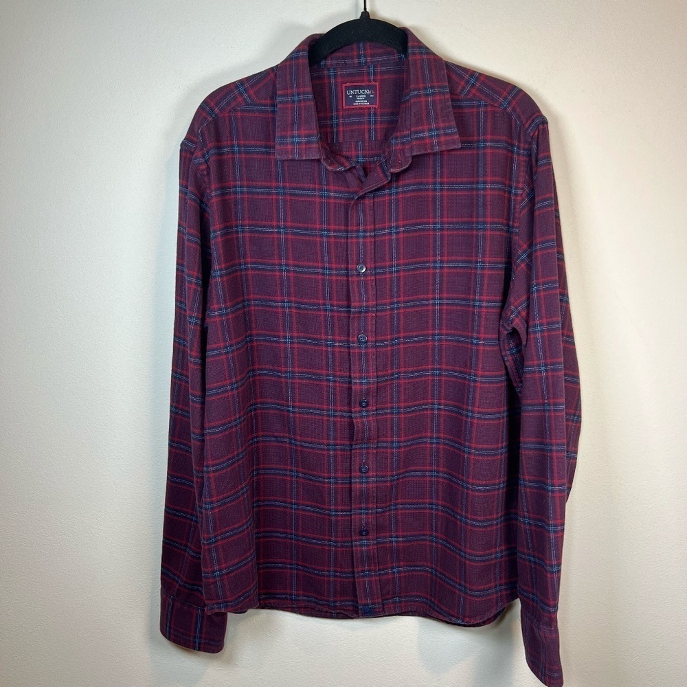 UNTUCKit Barry Flannel Shirt Burgundy Blue Plaid Button Up Long Sleeves Cozy  Lg